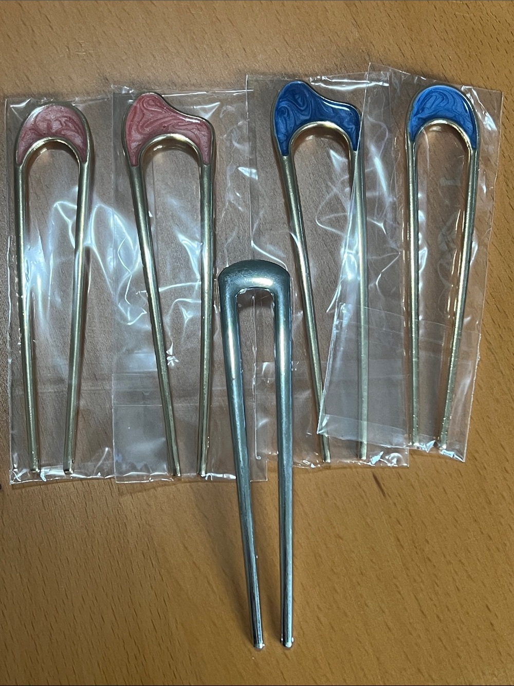 New Vintage Metal Hair Forks with Blue and Pink Accents - Set of 5